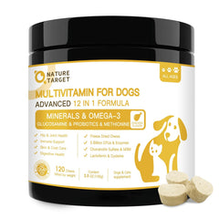 Nature Target dog multivitamins packaging close-up highlighting 12-in-1 formula benefits for overall health