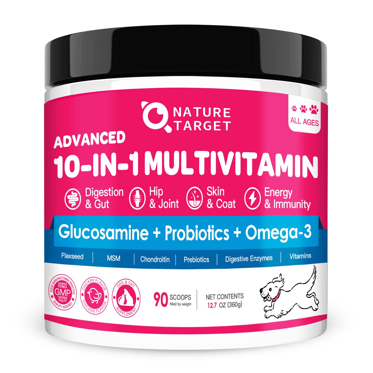 Nature Target dog vitamins powder package showing a tasty chicken-flavored supplement for daily feeding.