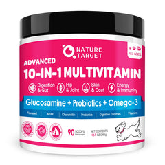 Nature Target dog vitamins powder package showing a tasty chicken-flavored supplement for daily feeding.