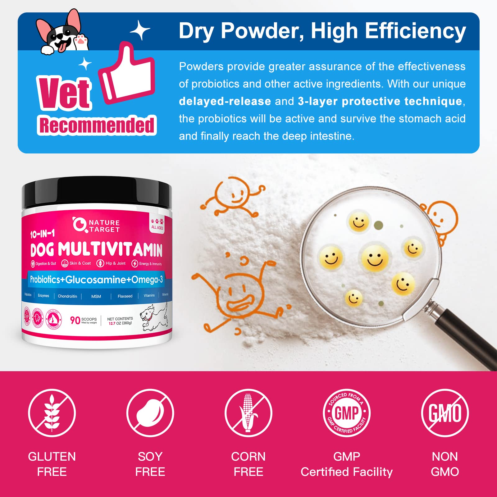 Nature Target gluten-free, grain-free, and non-GMO dog supplement formula.
