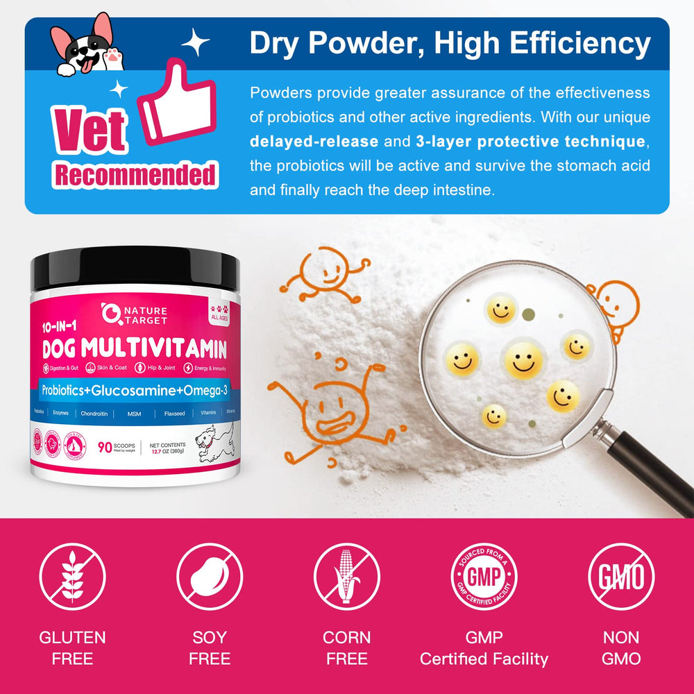 Nature Target gluten-free, grain-free, and non-GMO dog supplement formula.