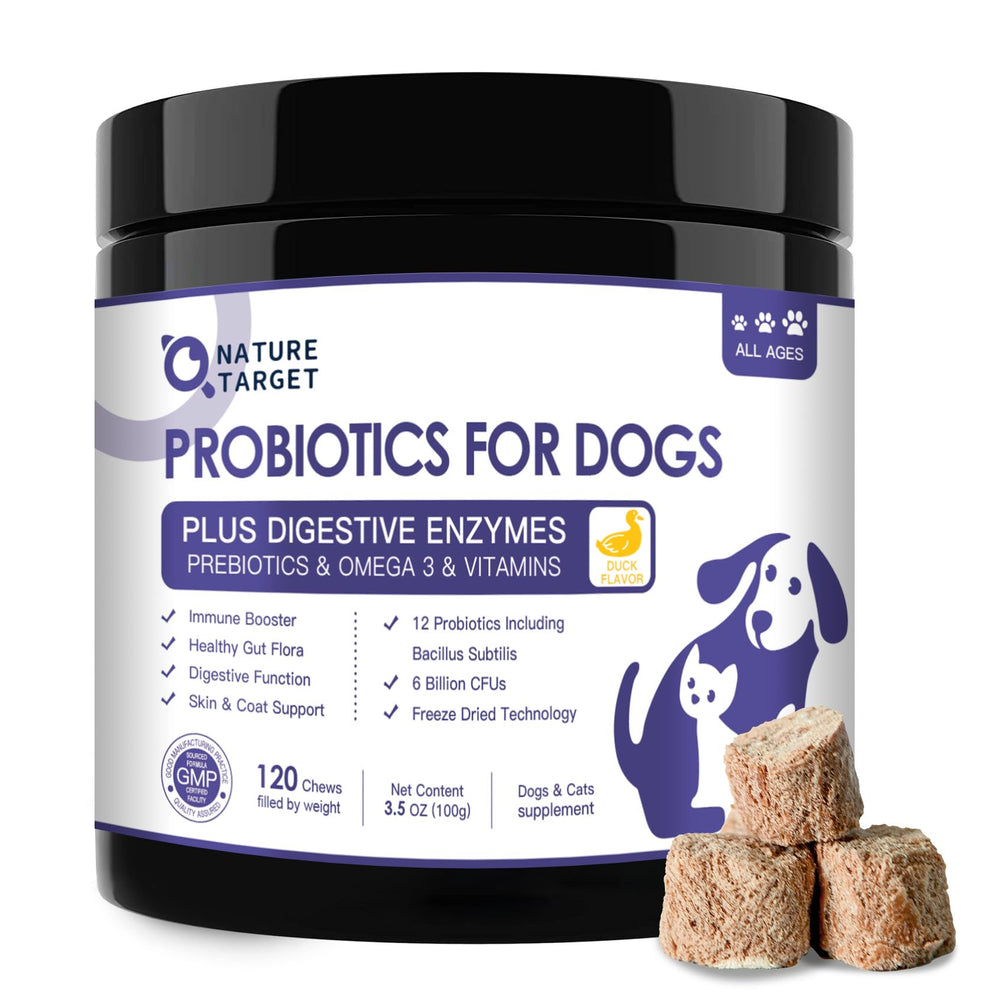 NATURE TARGET Probiotics bottle shows duck flavor and shelf-stable packaging.