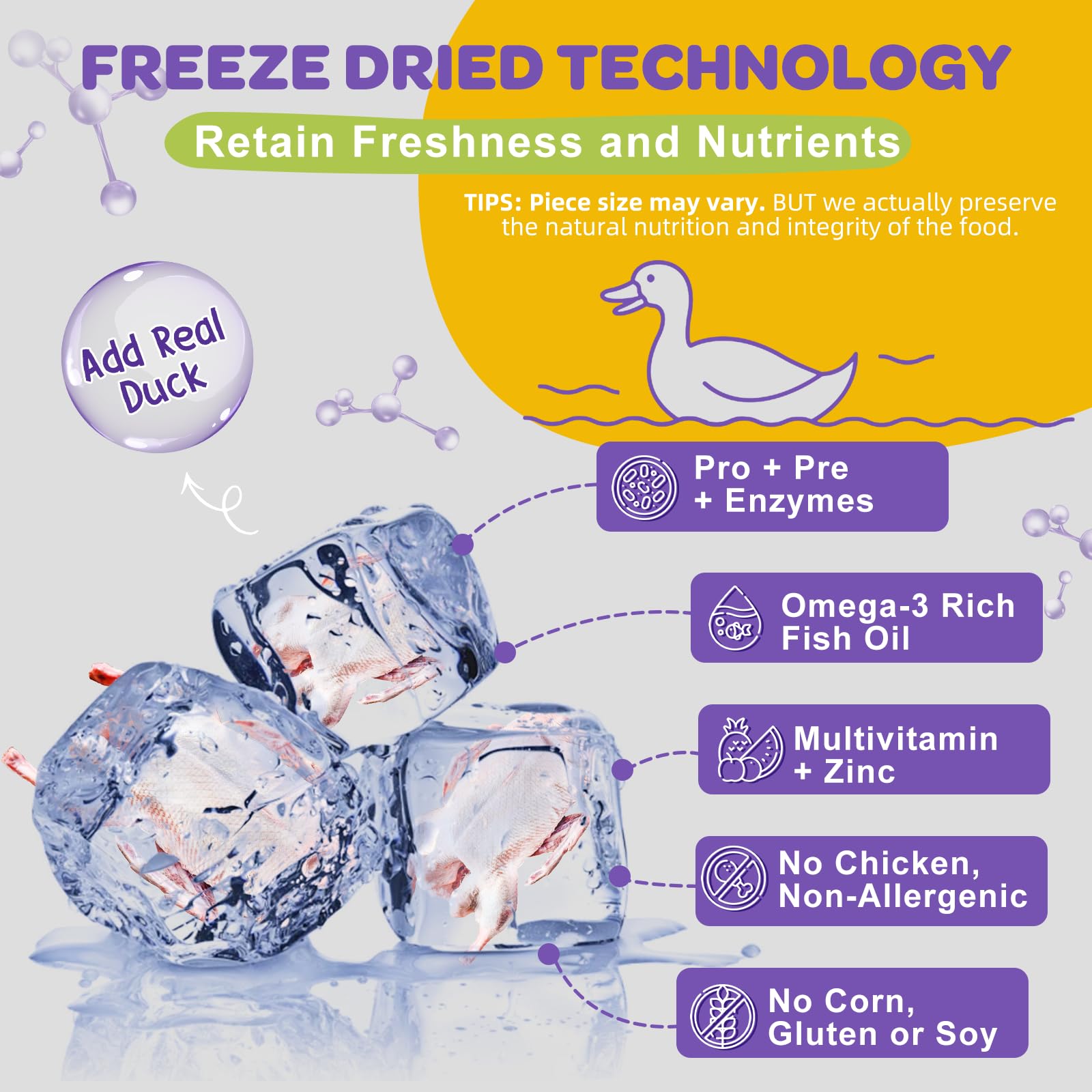 NATURE TARGET Probiotics duck-flavored treats close-up showing texture for picky eaters.