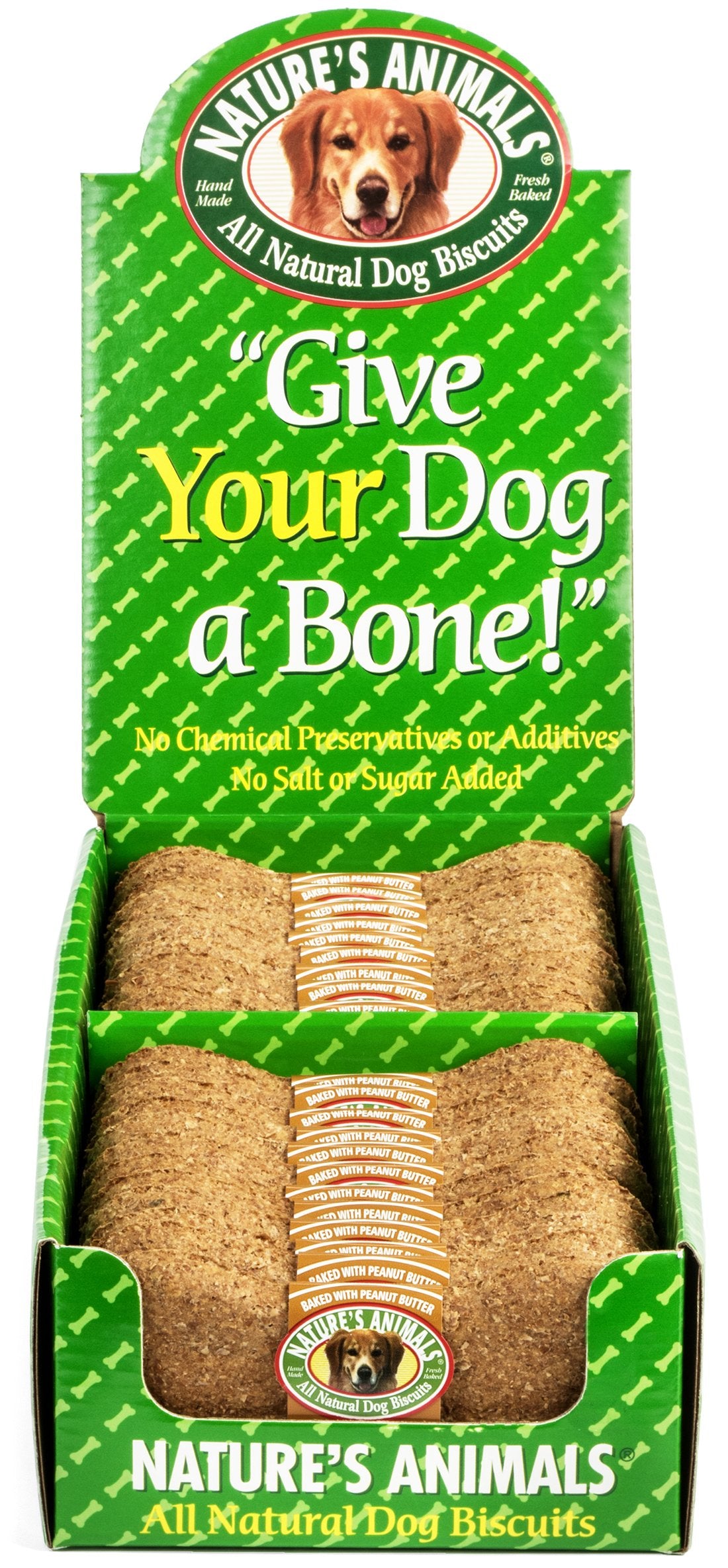 Nature's Animals Original Bakery Biscuits ingredient lineup highlights whole wheat flour and peanut butter.