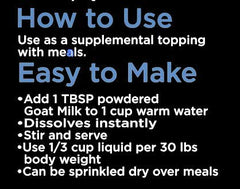 Nature's Diet goat milk dog-meal-topper: easy topper to moisten meals