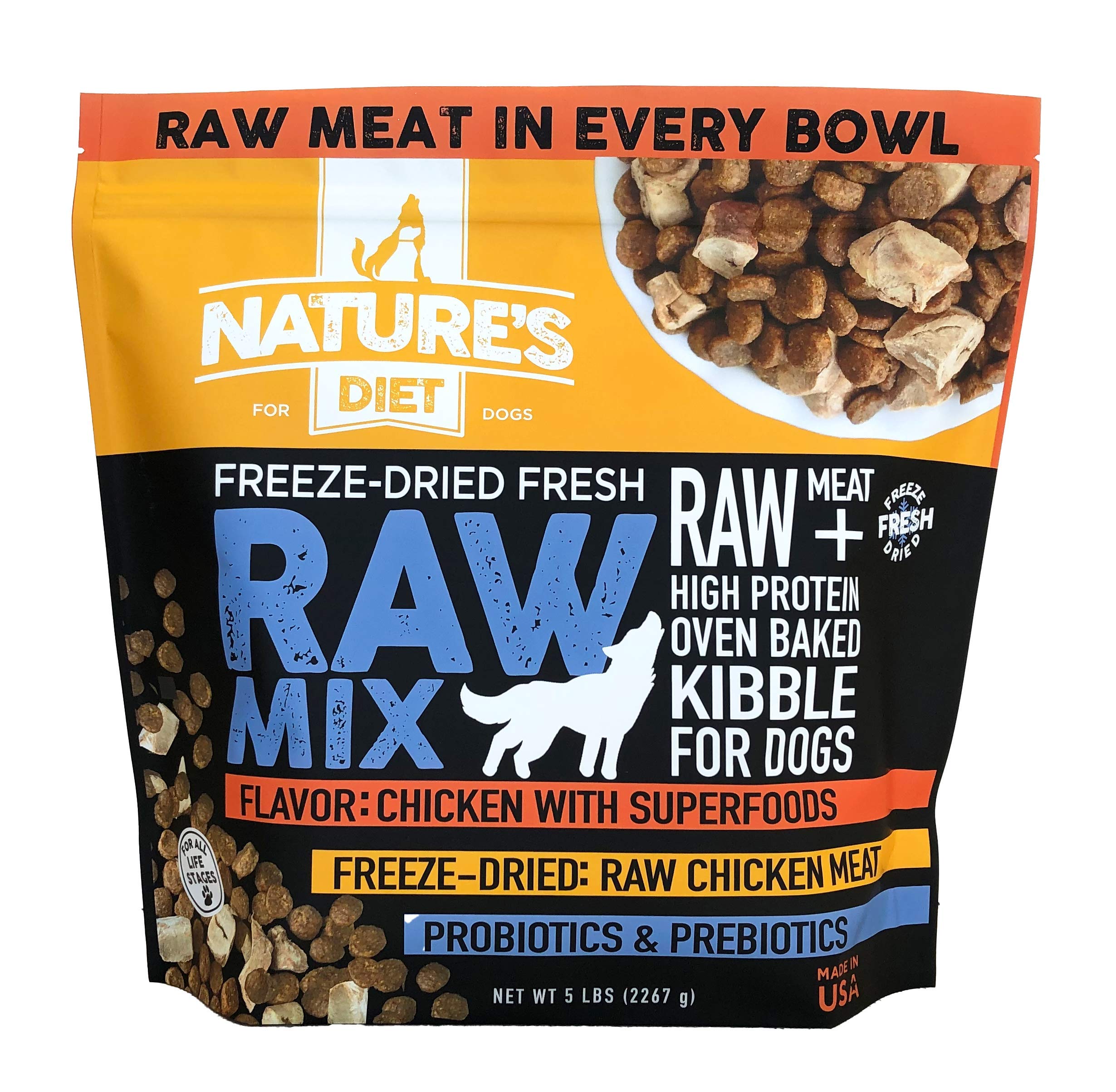 Nature's Diet Raw Mix Kibble chicken-chunks in bowl show high-protein grain-free nutrition