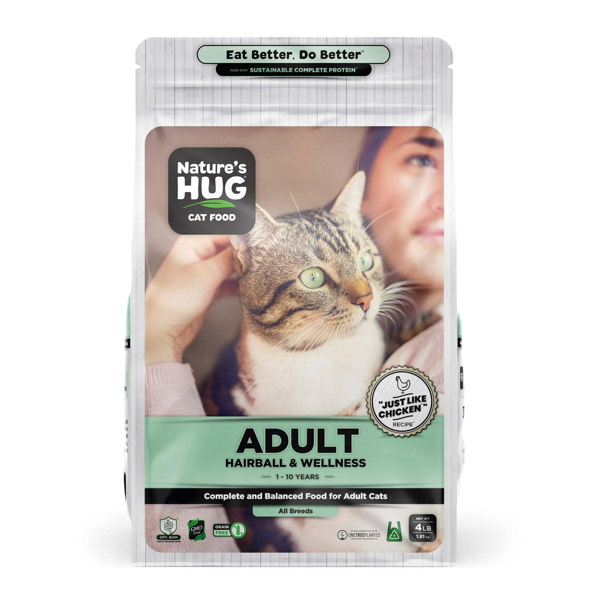 Nature's HUG hypoallergenic dry cat food bag front shows grain-free formula designed for sensitive stomachs.