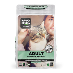 Nature's HUG hypoallergenic dry cat food bag front shows grain-free formula designed for sensitive stomachs.