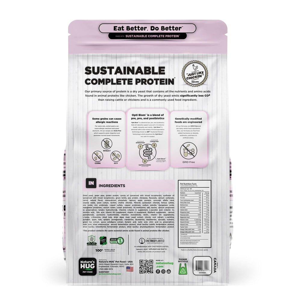 Nature's HUG kitten-growth kibble closeup highlights sustainable protein with a savory flavor.