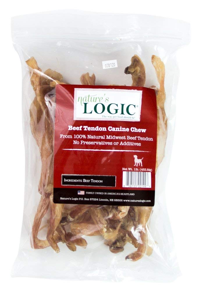 Nature's Logic beef tendon chew packaging emphasizes all-natural USA-made dog treats designed for long-lasting recreation