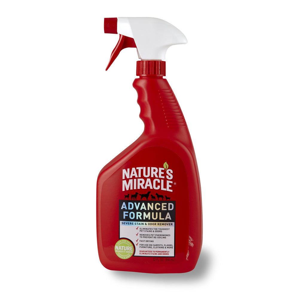 Nature's Miracle Advanced Pet Trigger Sprayer bottle ready to treat stains and odors on carpets