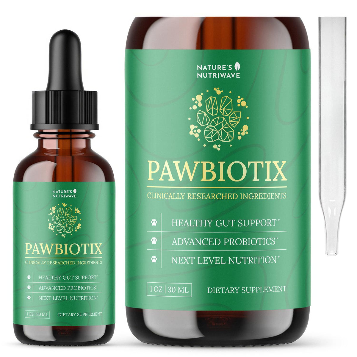 Nature’s NutriWave Pawbiotix bottle front – daily gut health support for dogs.