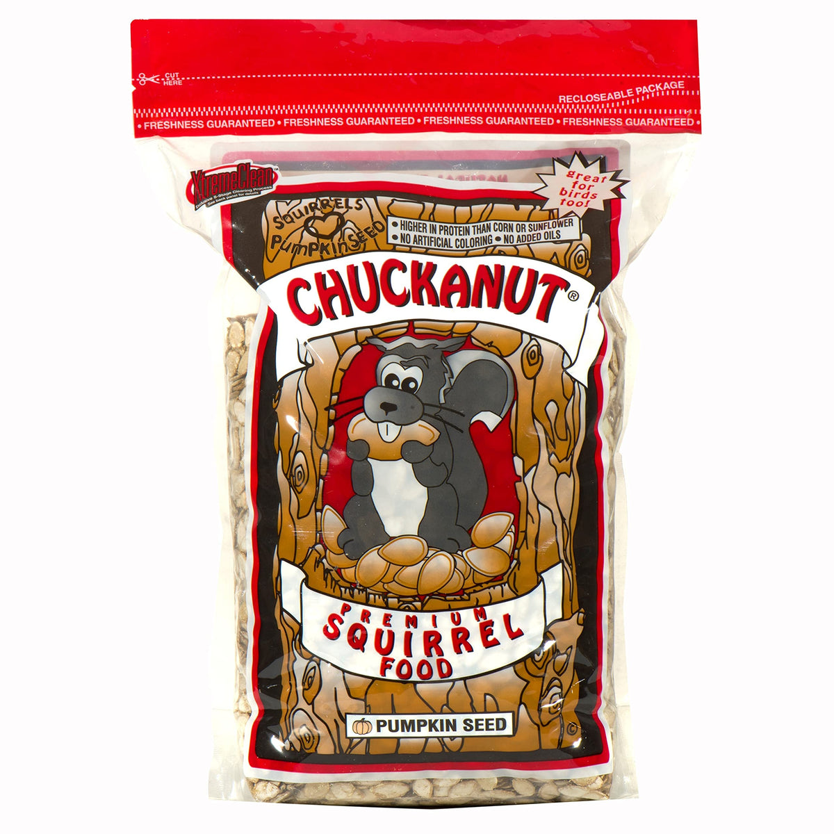 Nature's Nuts Chuckanut Premium Squirrel Food packaging close-up shows premium seeds.