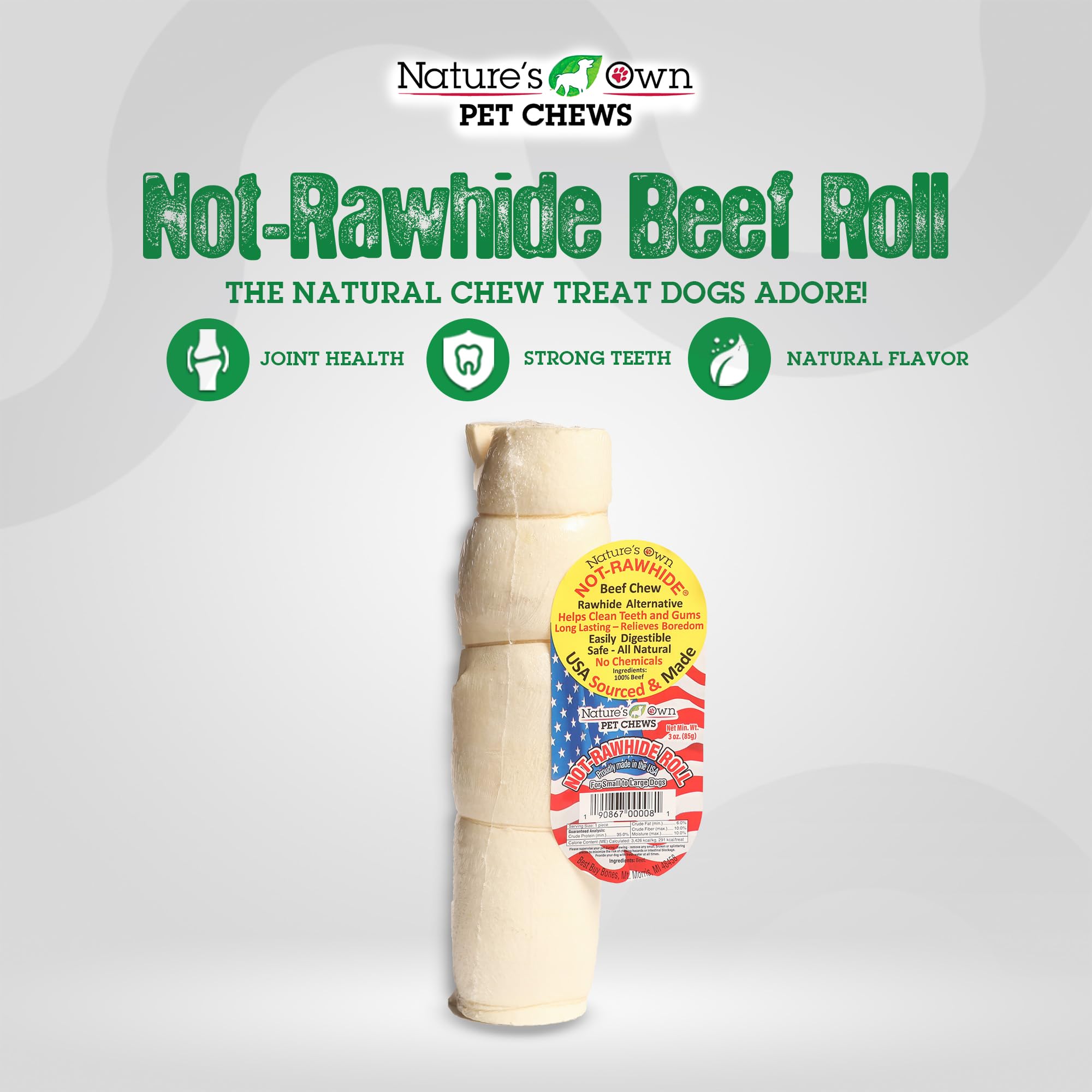 Nature's Own Pet Chews long chew roll closeup showing durable texture for hours of licking and gnawing.