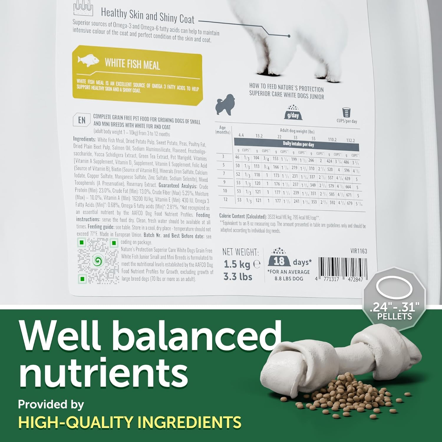 Nature's Protection small breed kibble closeup highlights white fish for lean muscle and coat health
