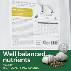 Nature's Protection small breed kibble closeup highlights white fish for lean muscle and coat health