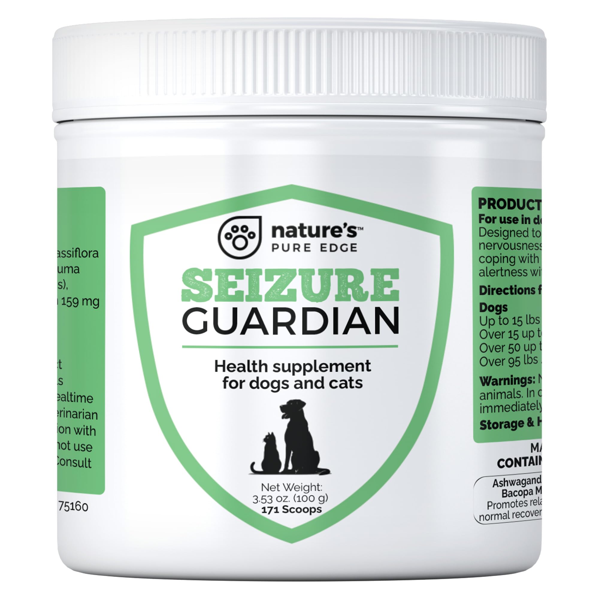 Nature's Pure Edge calming blend bottle front; supports pet relaxation during travel and storms.