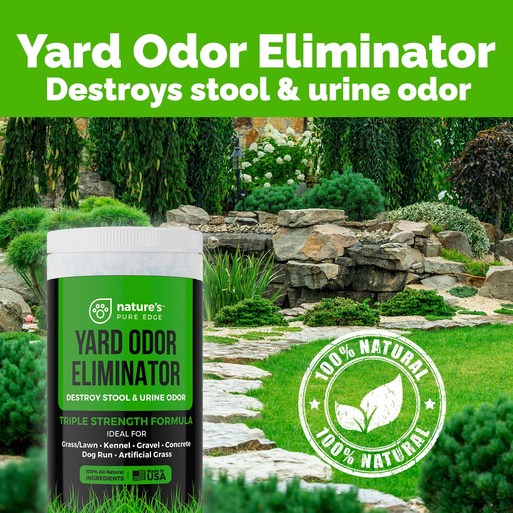 Nature's Pure Edge Yard Odor Eliminator on artificial grass neutralizes smells without harsh fumes.