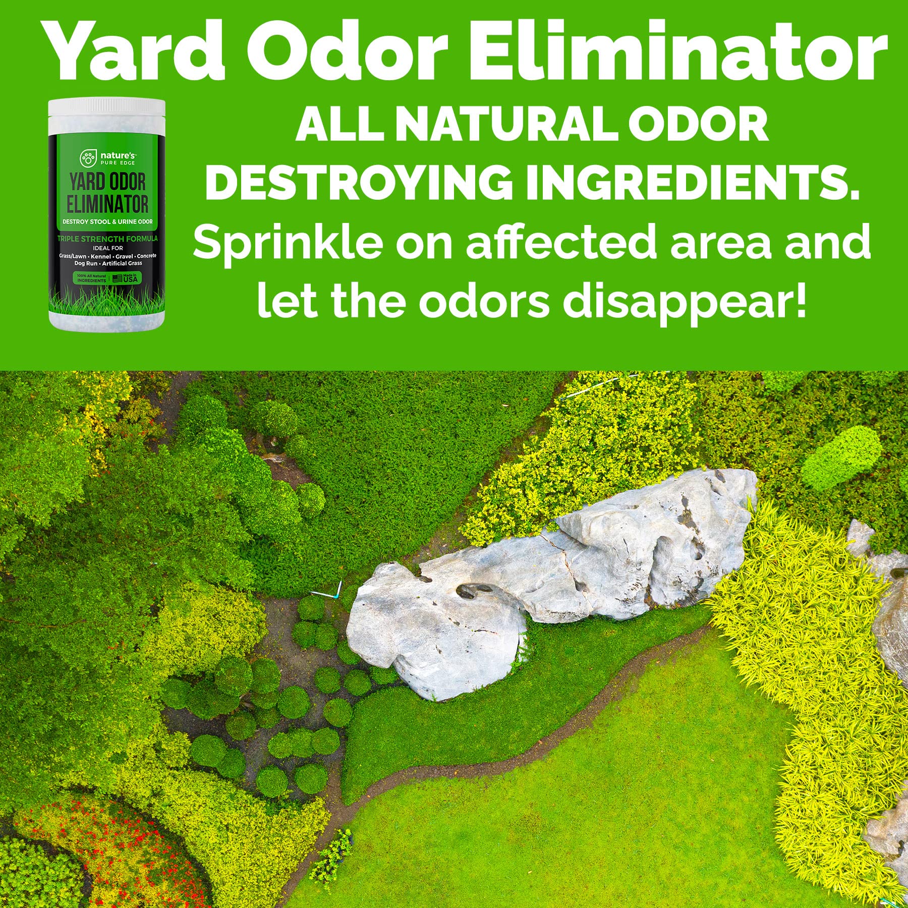 Nature's Pure Edge Yard Odor Eliminator near kennel areas neutralizes pet odors.