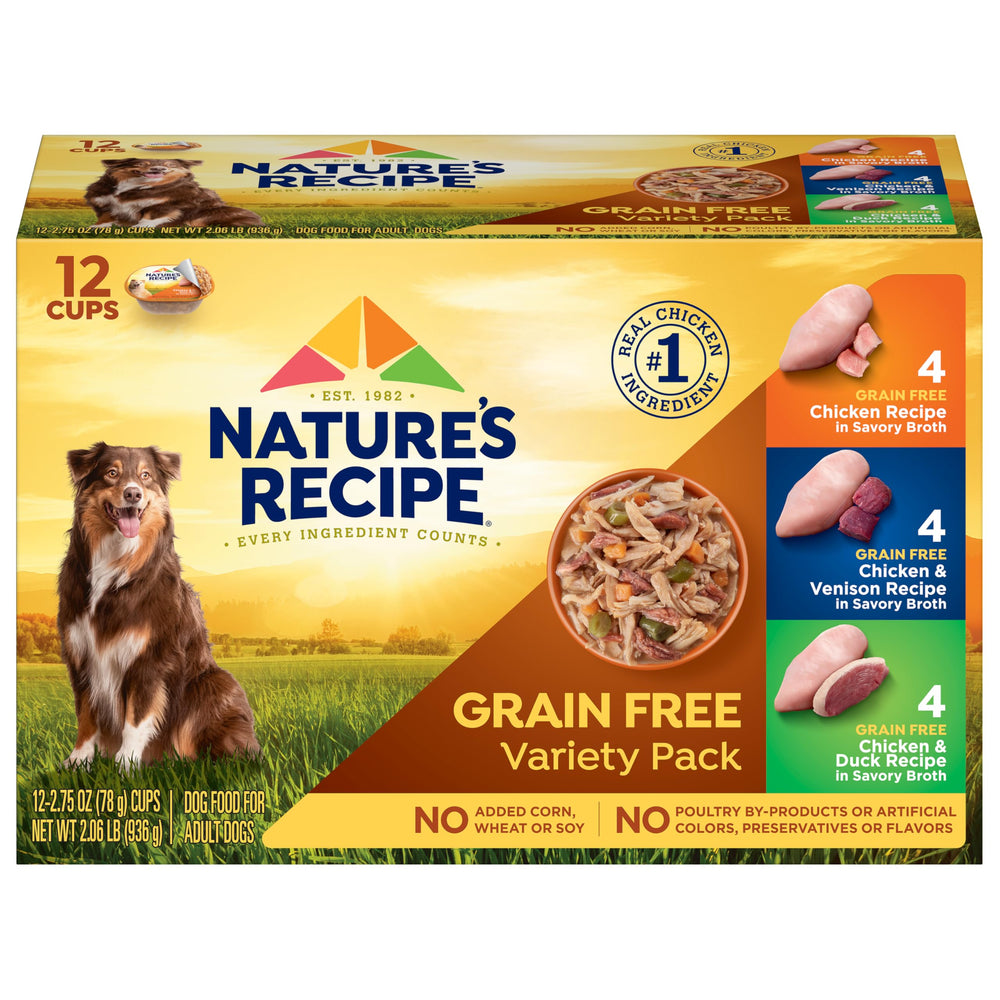 Nature's Recipe grain-free chicken-duck recipe cups close-up shows savory broth appeal.