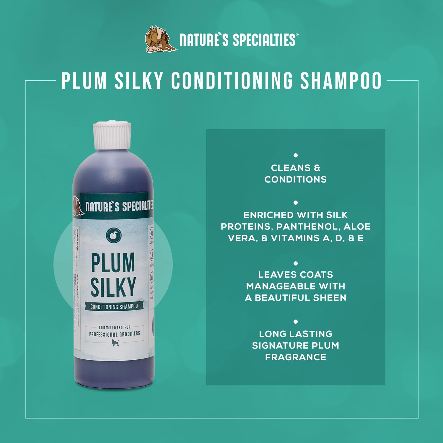 Nature's Specialties Plum Silky label close-up highlights premium ingredients for conditioning.