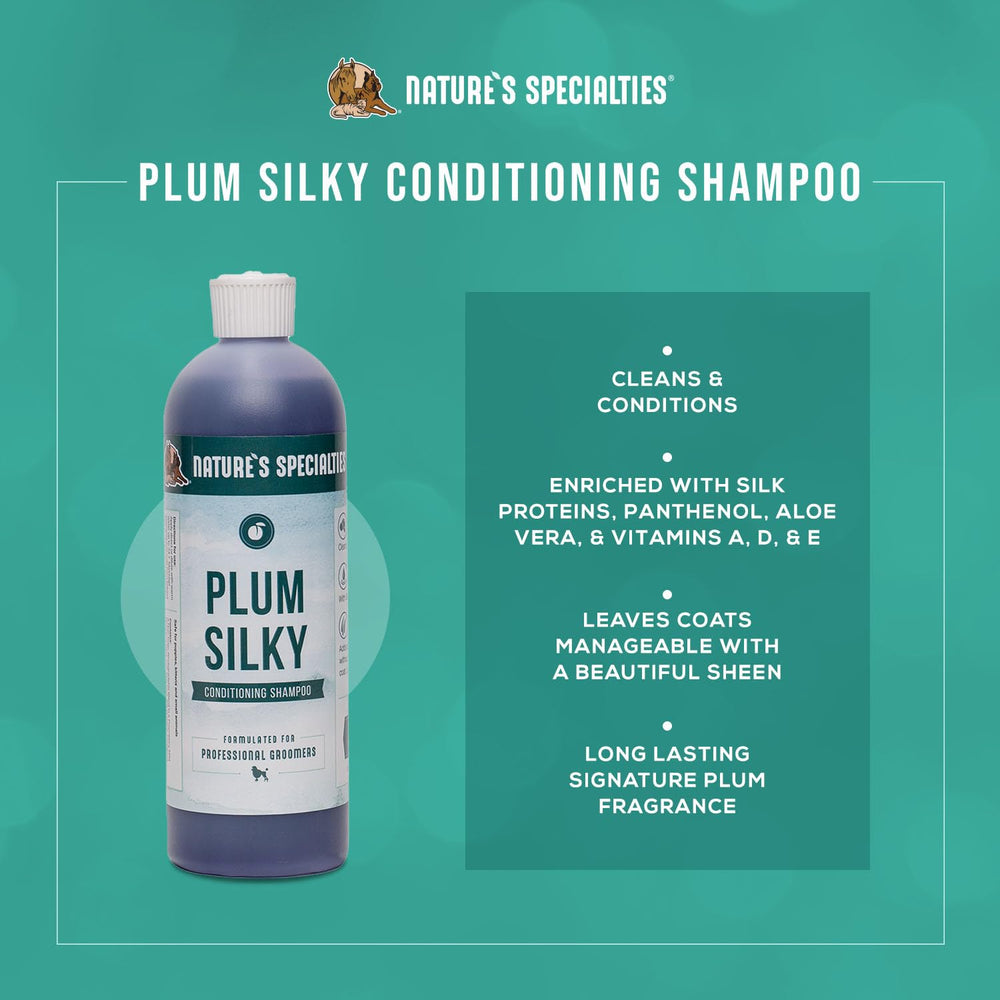 Nature's Specialties Plum Silky label close-up highlights premium ingredients for conditioning.