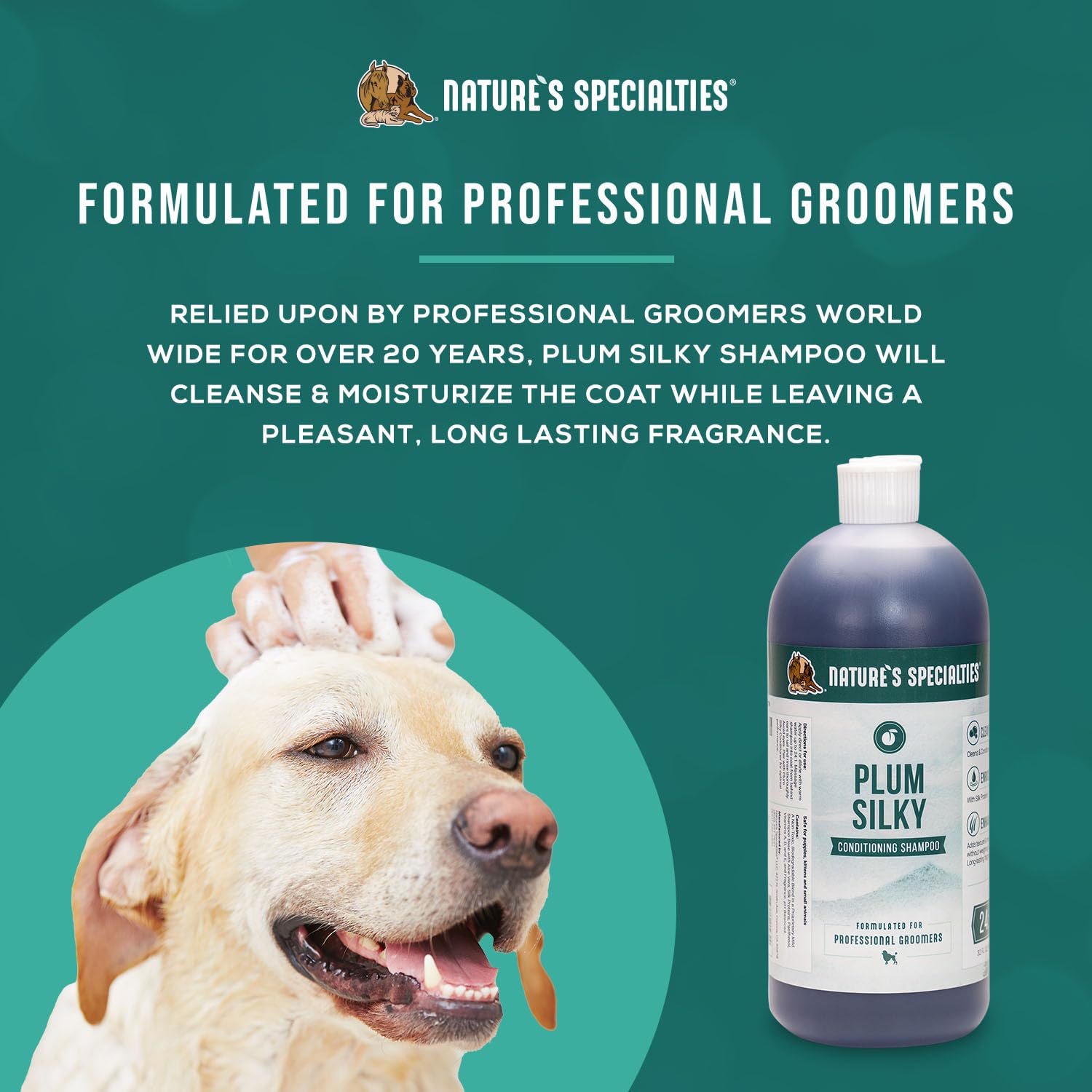 Nature's Specialties Plum Silky lathering on a dog's coat for gentle cleansing