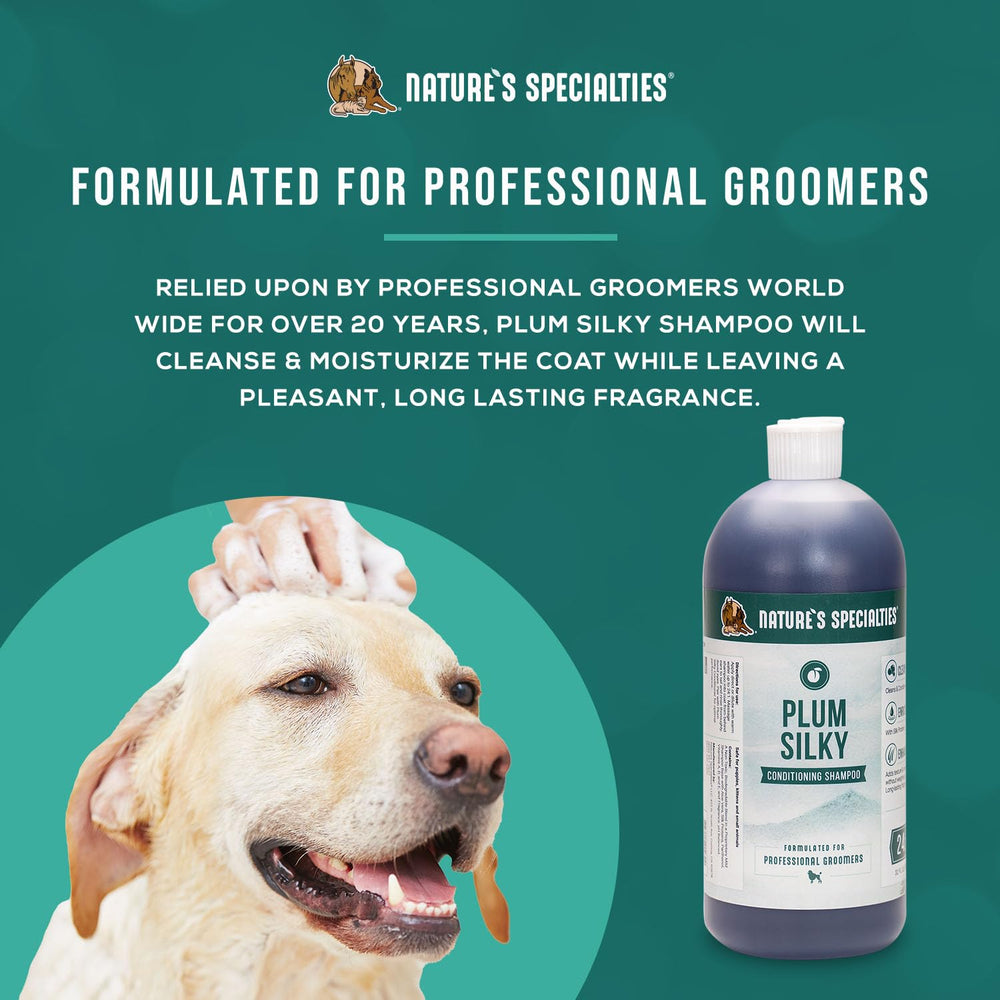 Nature's Specialties Plum Silky lathering on a dog's coat for gentle cleansing