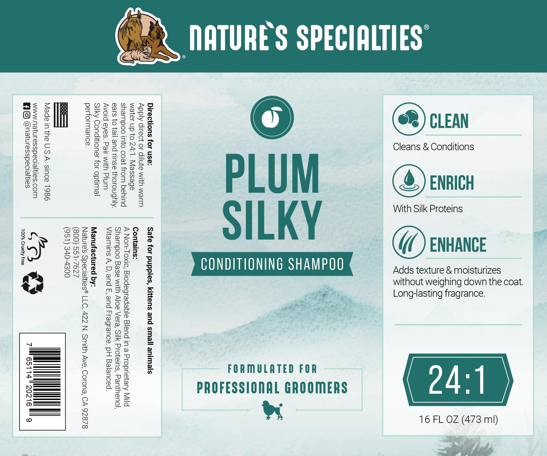 Professional groomer uses Plum Silky for efficient cleansing in a salon setting.