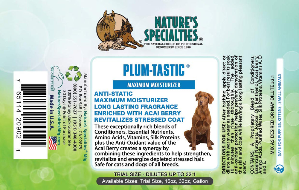 Nature's Specialties Plum-Tastic dilution mix showing economical grooming solution.