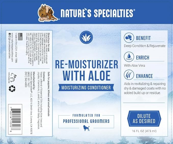 Nature's Specialties Remoisturizer aloe ingredients closeup highlighting essential oils and aloe.