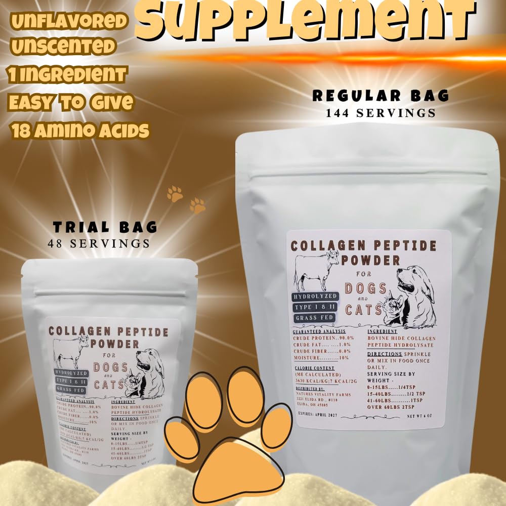 Nature's Vitality Farms collagen powder label highlights single-ingredient formula for trusted pet nutrition.
