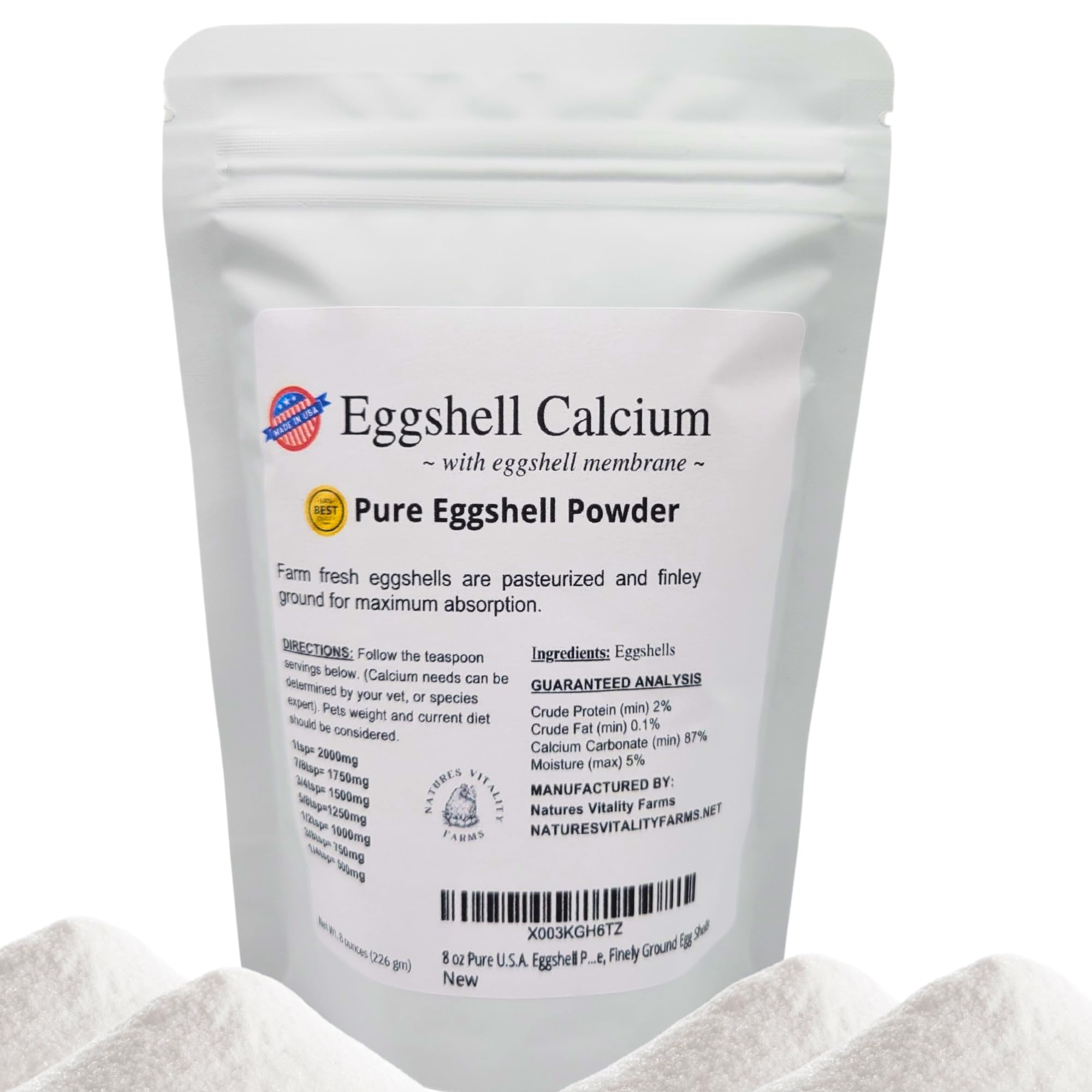 Natures Vitality Farms eggshell powder bag closeup highlighting premium packaging for pet calcium.