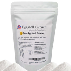 Natures Vitality Farms eggshell powder bag closeup highlighting premium packaging for pet calcium.