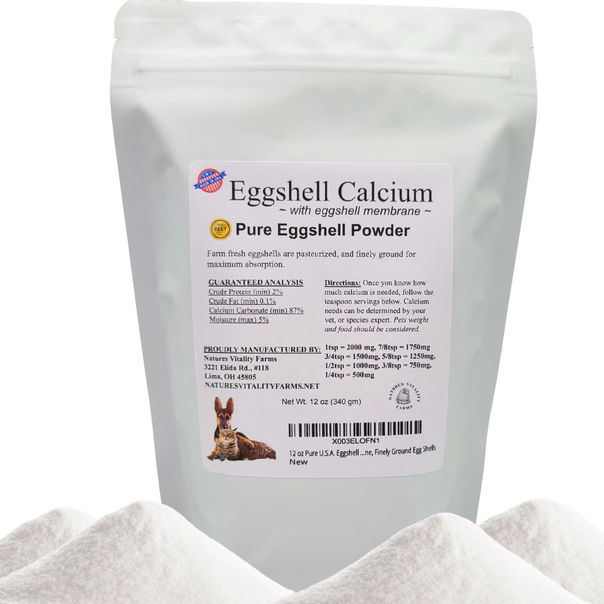 Natures Vitality Farms eggshell powder jar close-up supports pets' daily calcium needs and bone health.