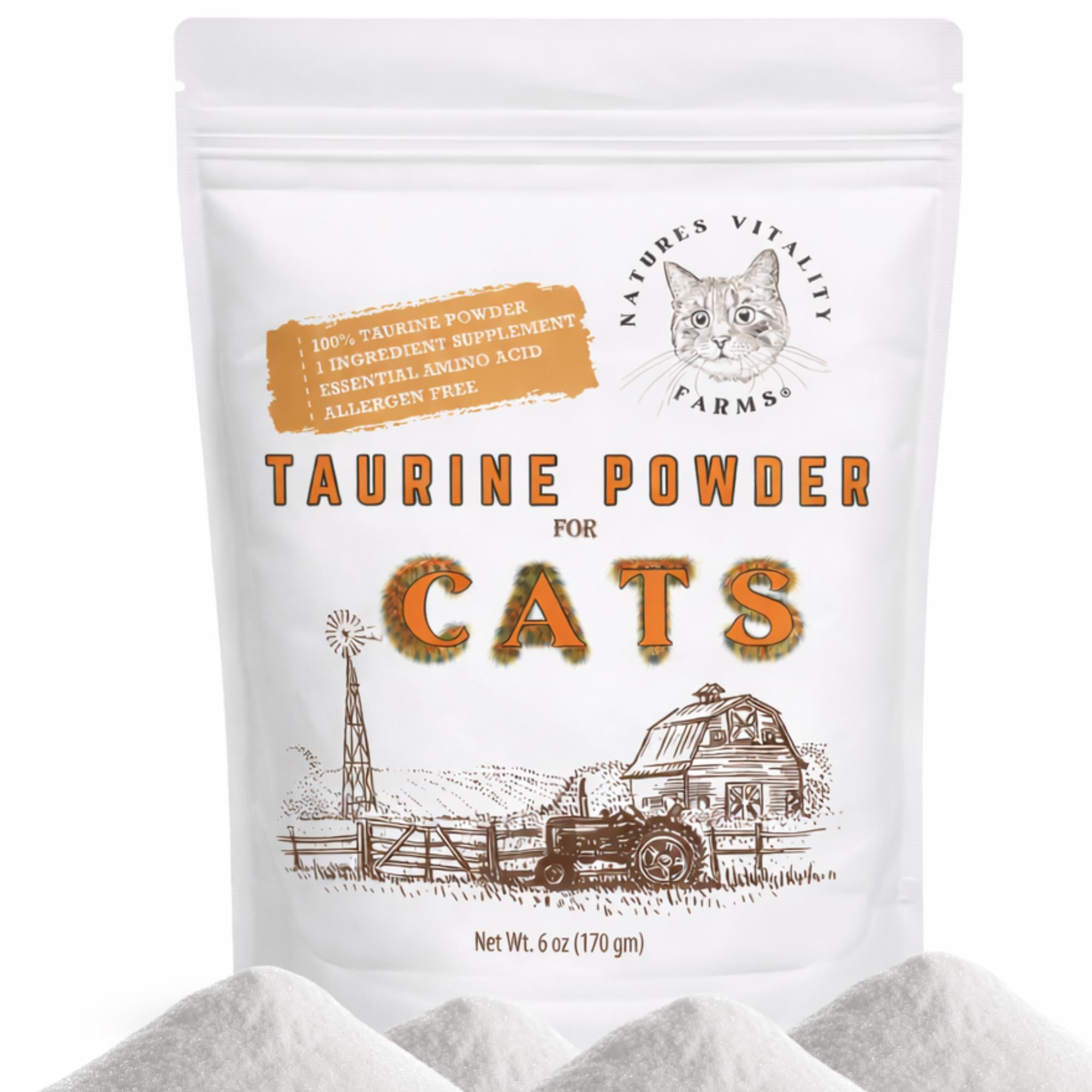 Natures Vitality Farms Taurina para gatos en envase 6oz, fácil almacenamiento.