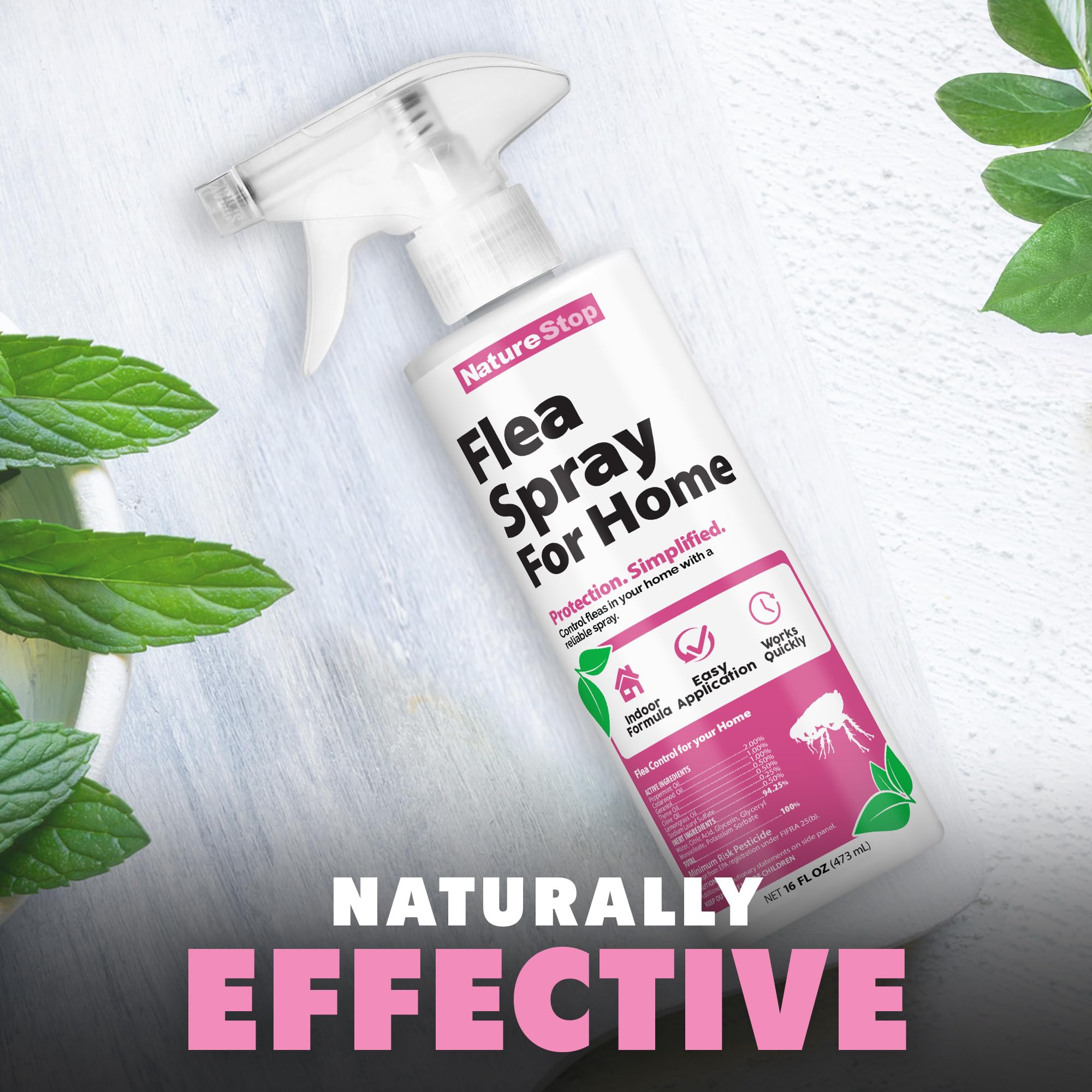 NatureStop Flea Spray on baseboards to protect entry points and edges