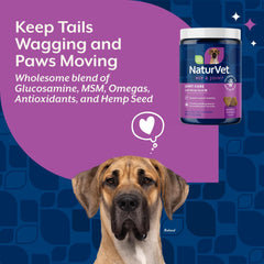 NaturVet 120 Soft Chews close-up emphasizes convenient chews supporting joints and activity.