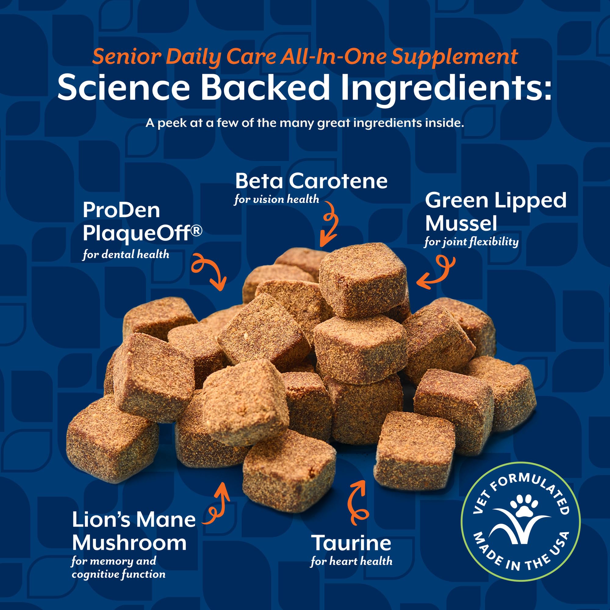 NaturVet All-in-One Senior Dog packaging emphasizes eight-in-one support.
