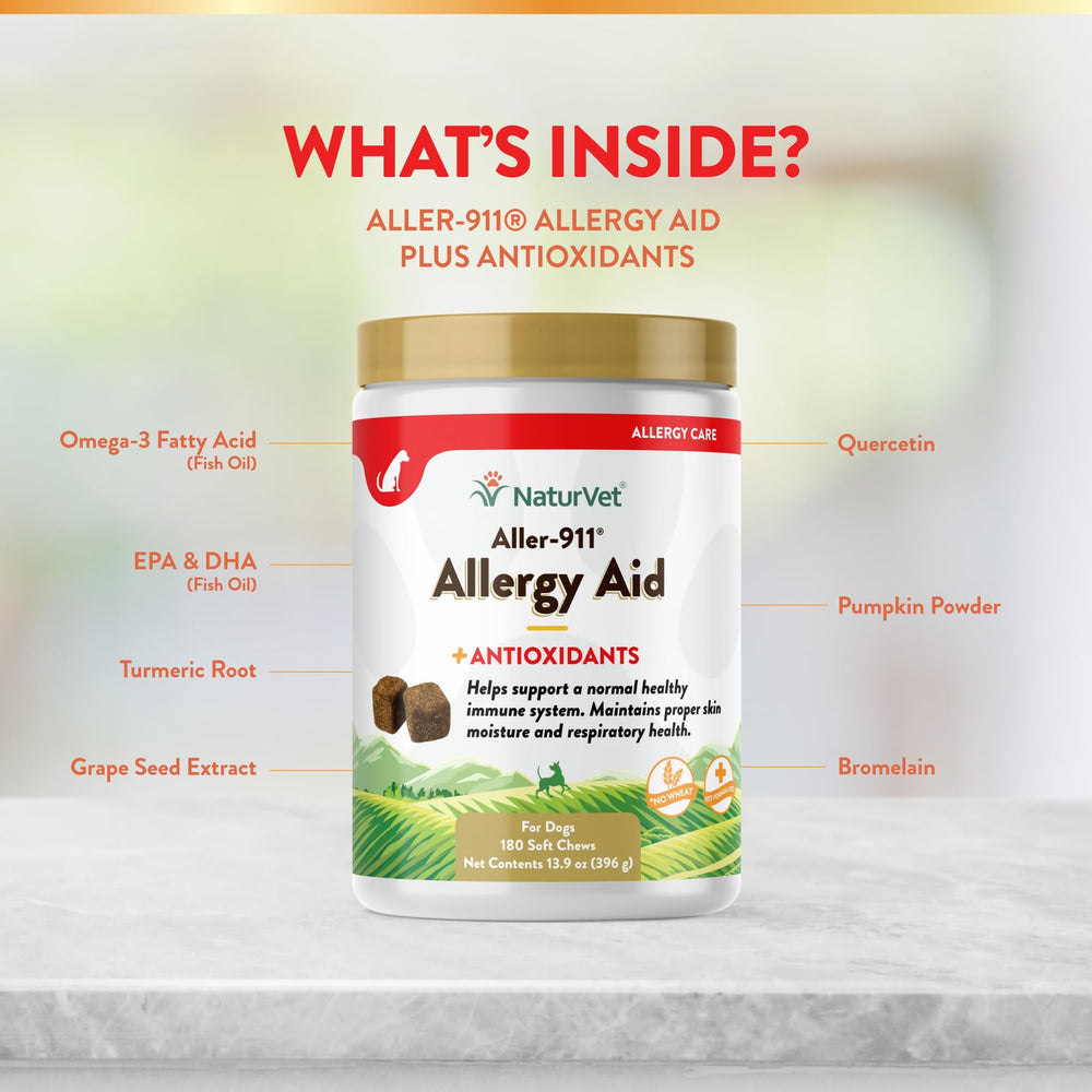 NaturVet Aller-911 omega-dha-epa formula highlights heart and coat support