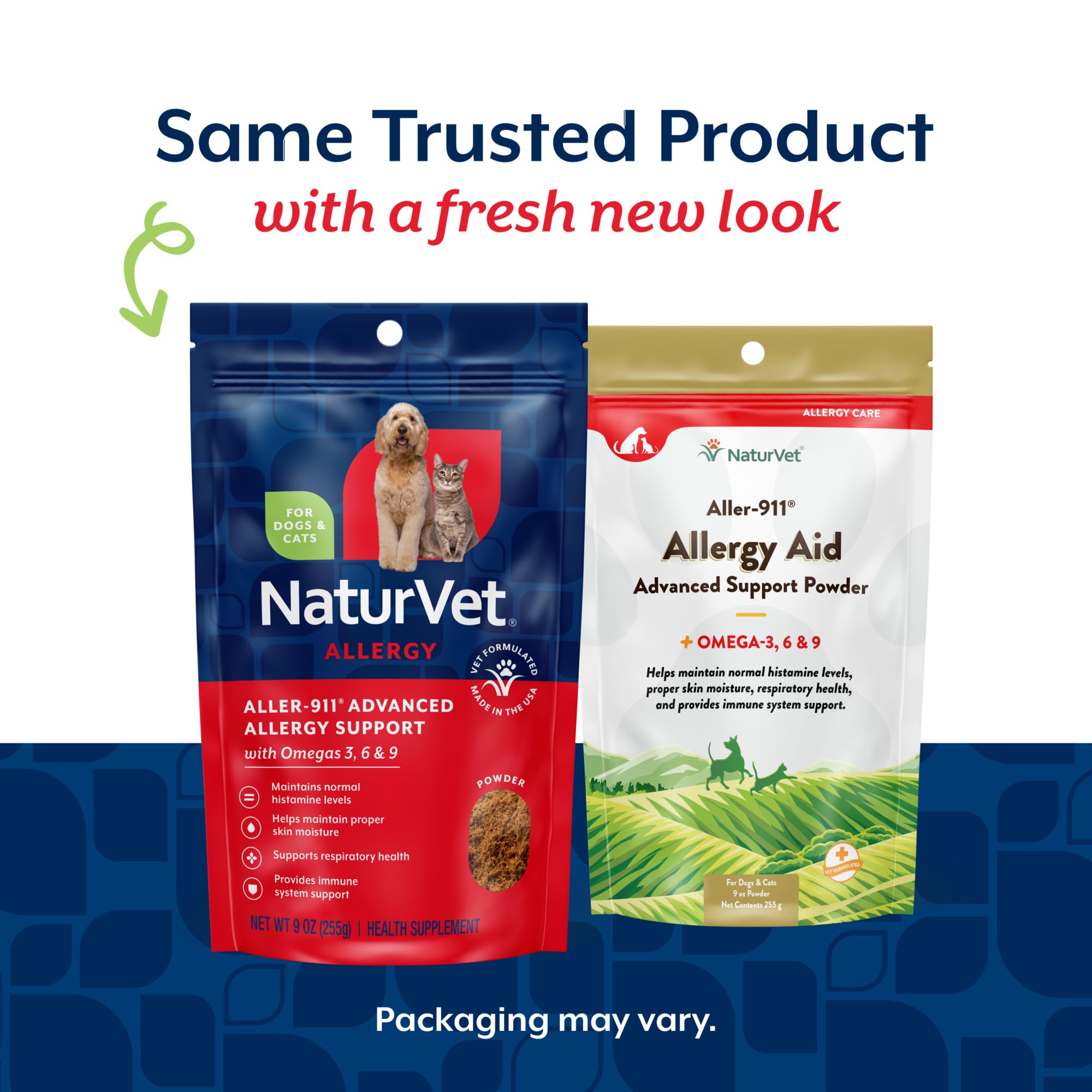 NaturVet Aller-911 powder scoop shows easy daily dosing for pet care.