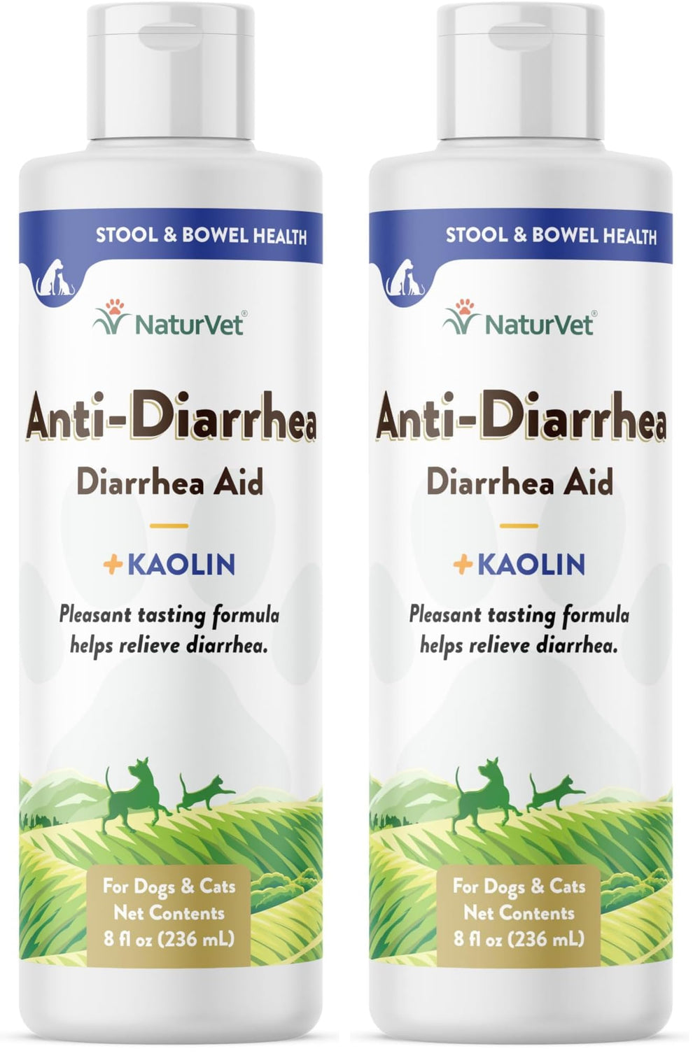NaturVet anti-diarrhea liquid bottle pour shows easy dosing for pets