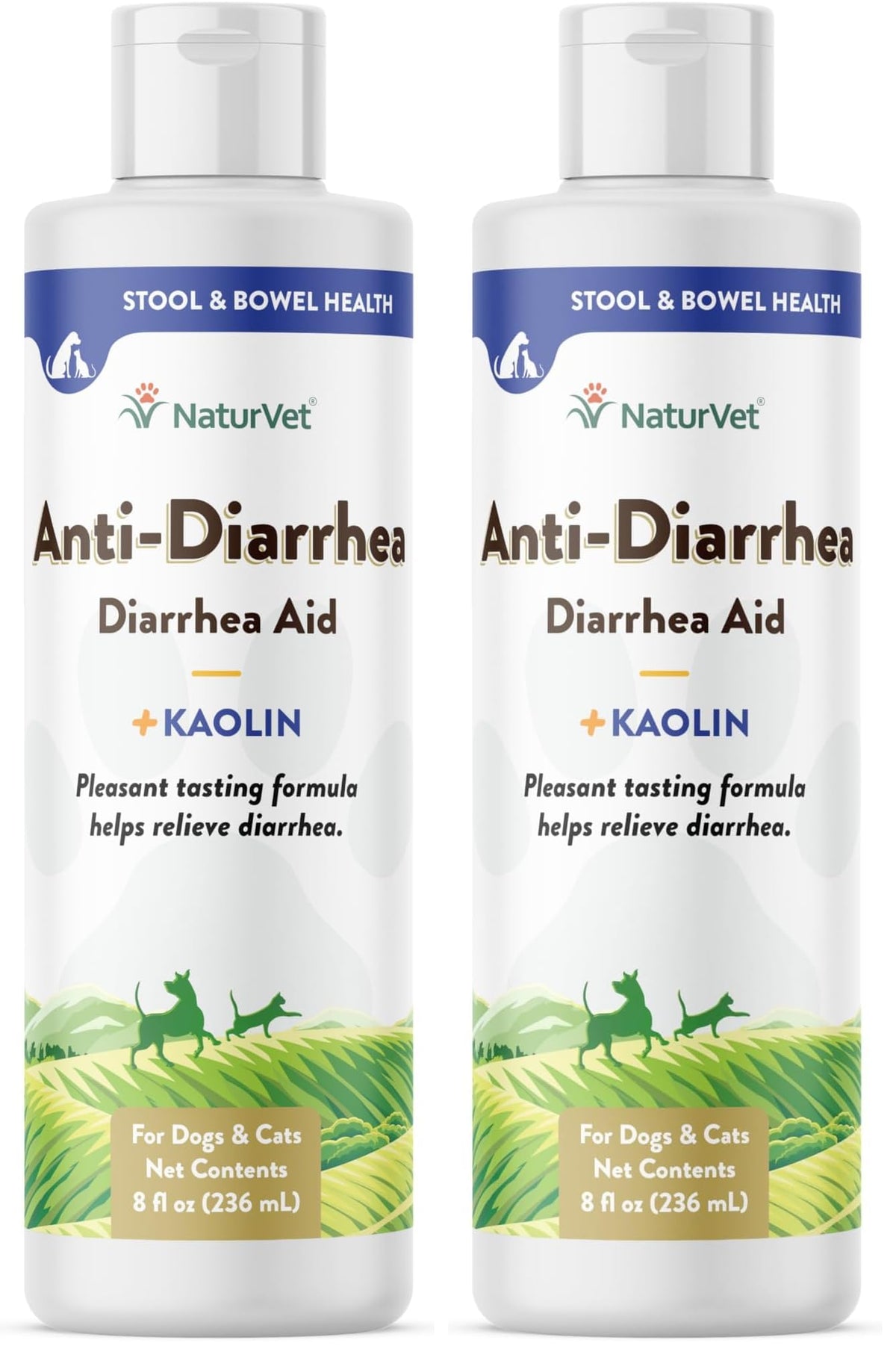 NaturVet anti-diarrhea liquid bottle pour shows easy dosing for pets