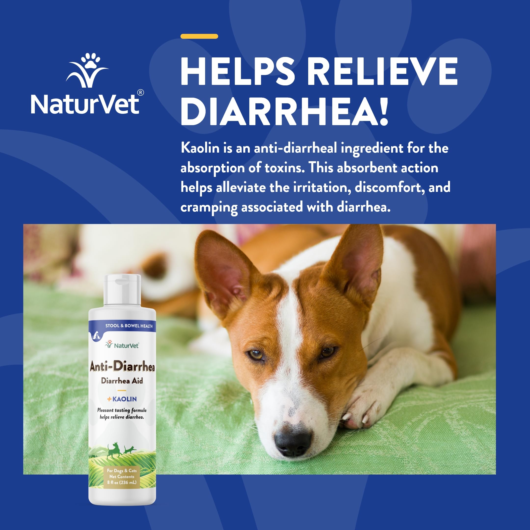 NaturVet anti-diarrhea liquid dosing syringe image demonstrates measured dosing for dogs and cats