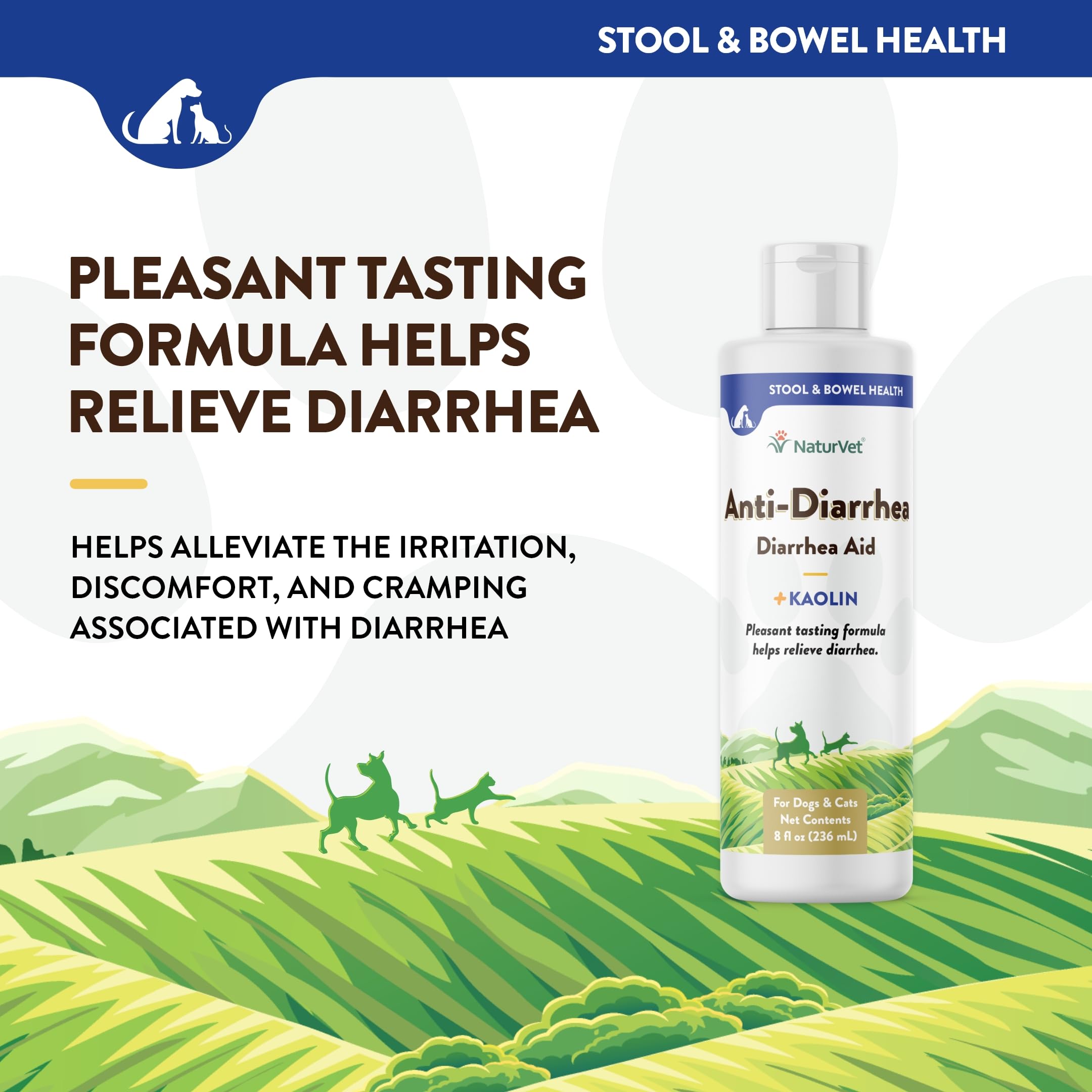 NaturVet anti-diarrhea liquid label closeup reveals USA-made, wheat-free formula