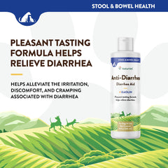 NaturVet anti-diarrhea liquid label closeup reveals USA-made, wheat-free formula