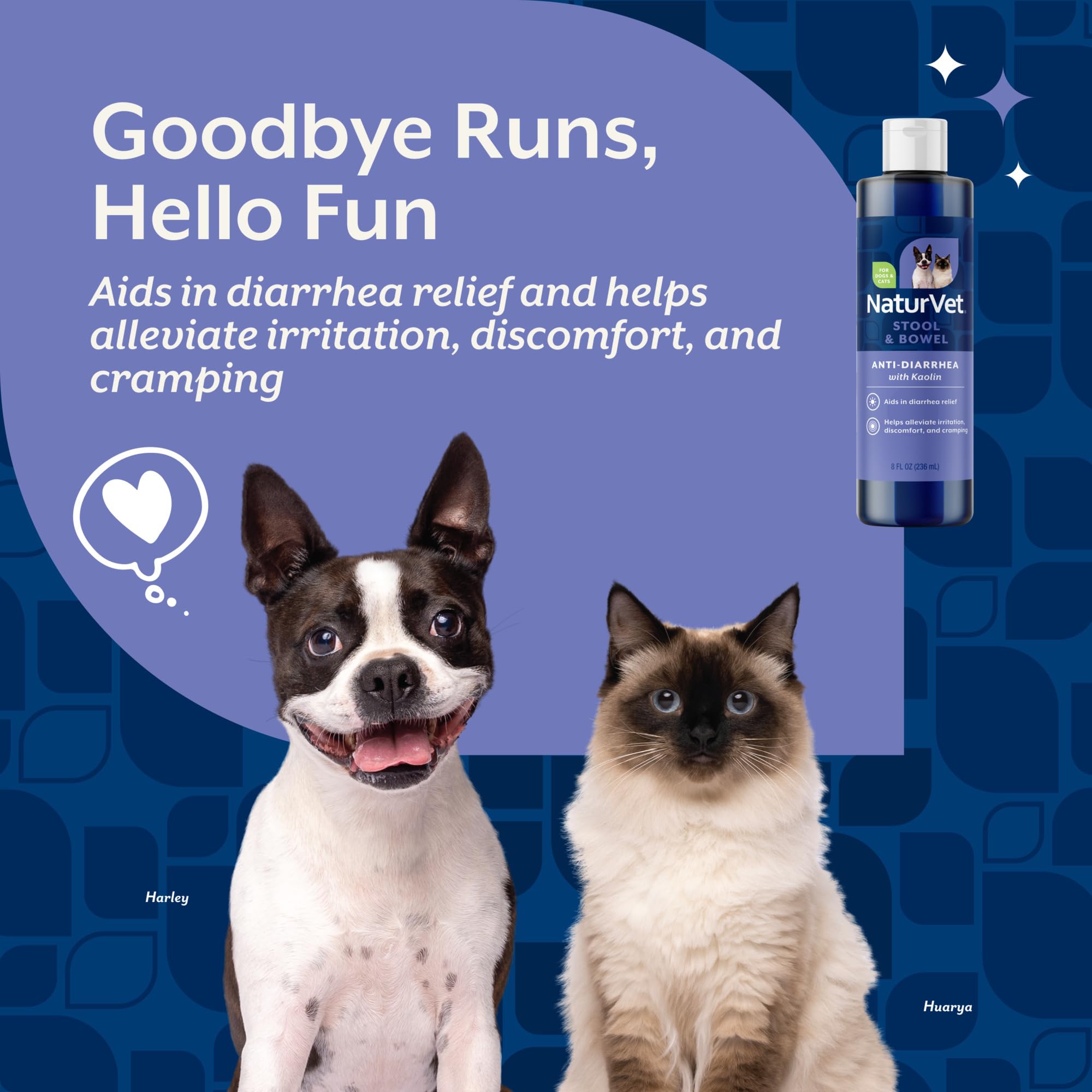 NaturVet anti-diarrhea liquid label highlights kaolin and soluble fiber benefits.