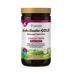 NaturVet ArthriSoothe-GOLD bottle displaying 120 chewable tablets for ongoing joint support.