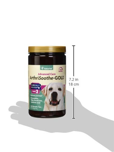 NaturVet ArthriSoothe-GOLD chewables beside a playful dog to illustrate daily joint support.