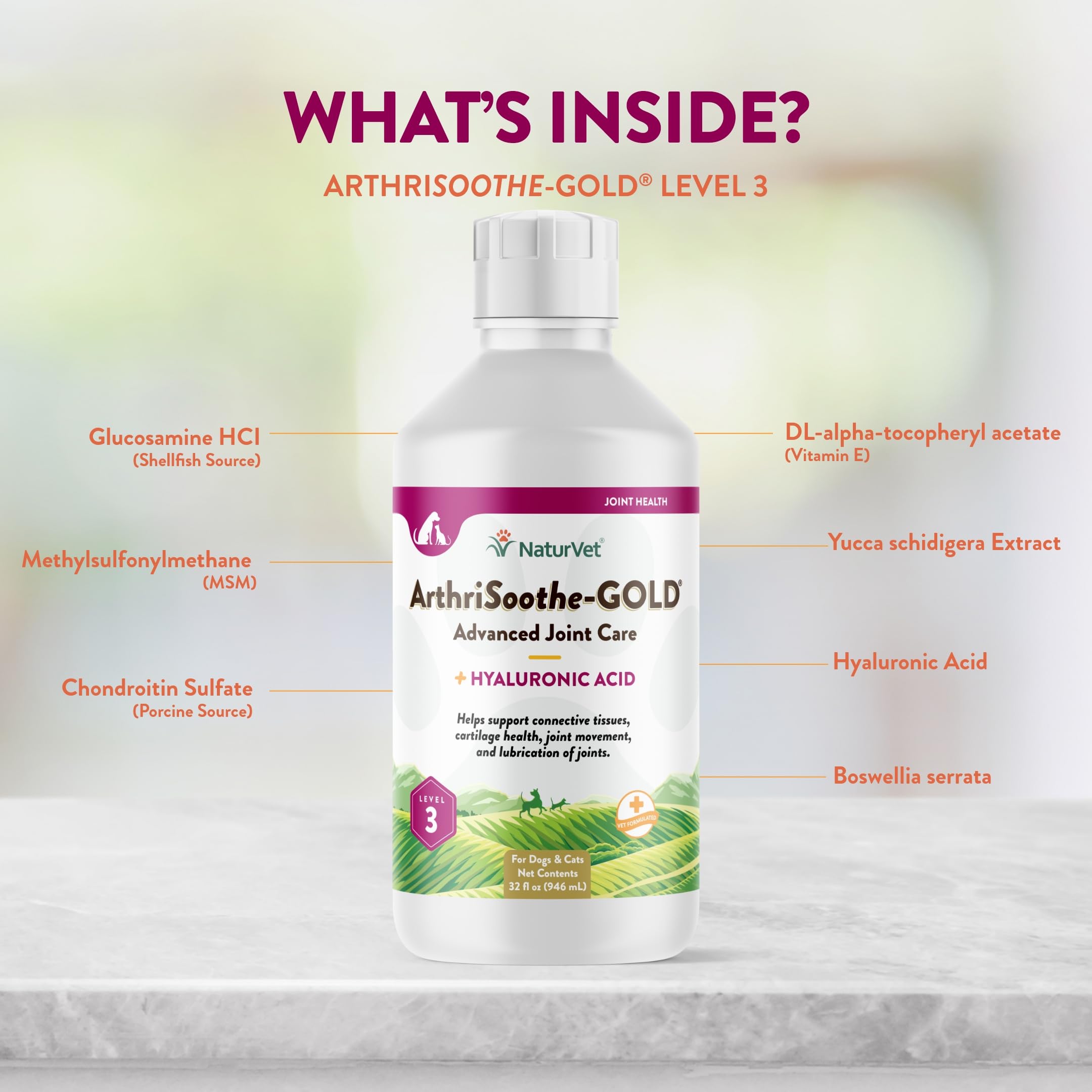 NaturVet ArthriSoothe-Gold Hyaluronic Acid highlight for joint lubrication.